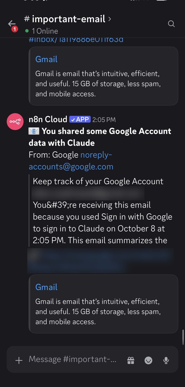 Important email posted to the Discord important-email channel