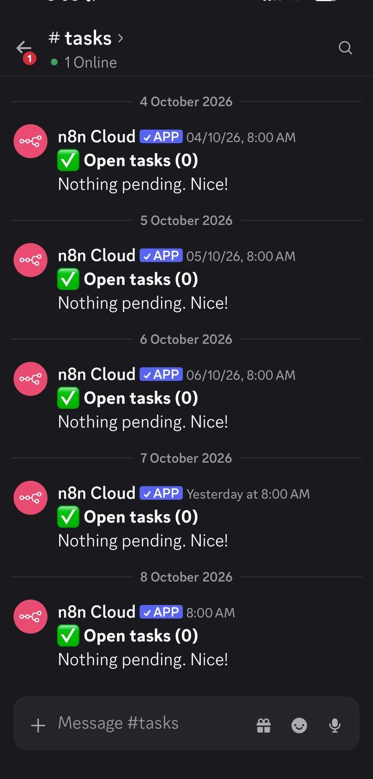 Daily open-tasks posts in the Discord tasks channel