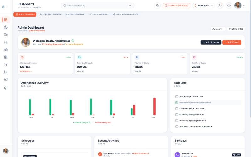 HRMS admin dashboard showing attendance, projects, clients and tasks