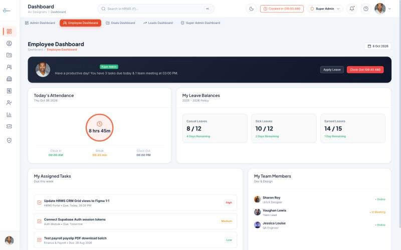 HRMS employee dashboard showing attendance, leave balances and assigned tasks