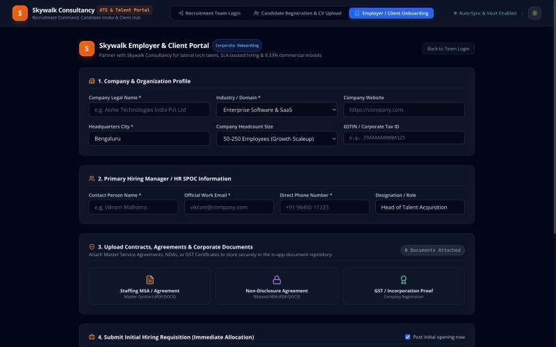 Skywalk employer and client onboarding portal