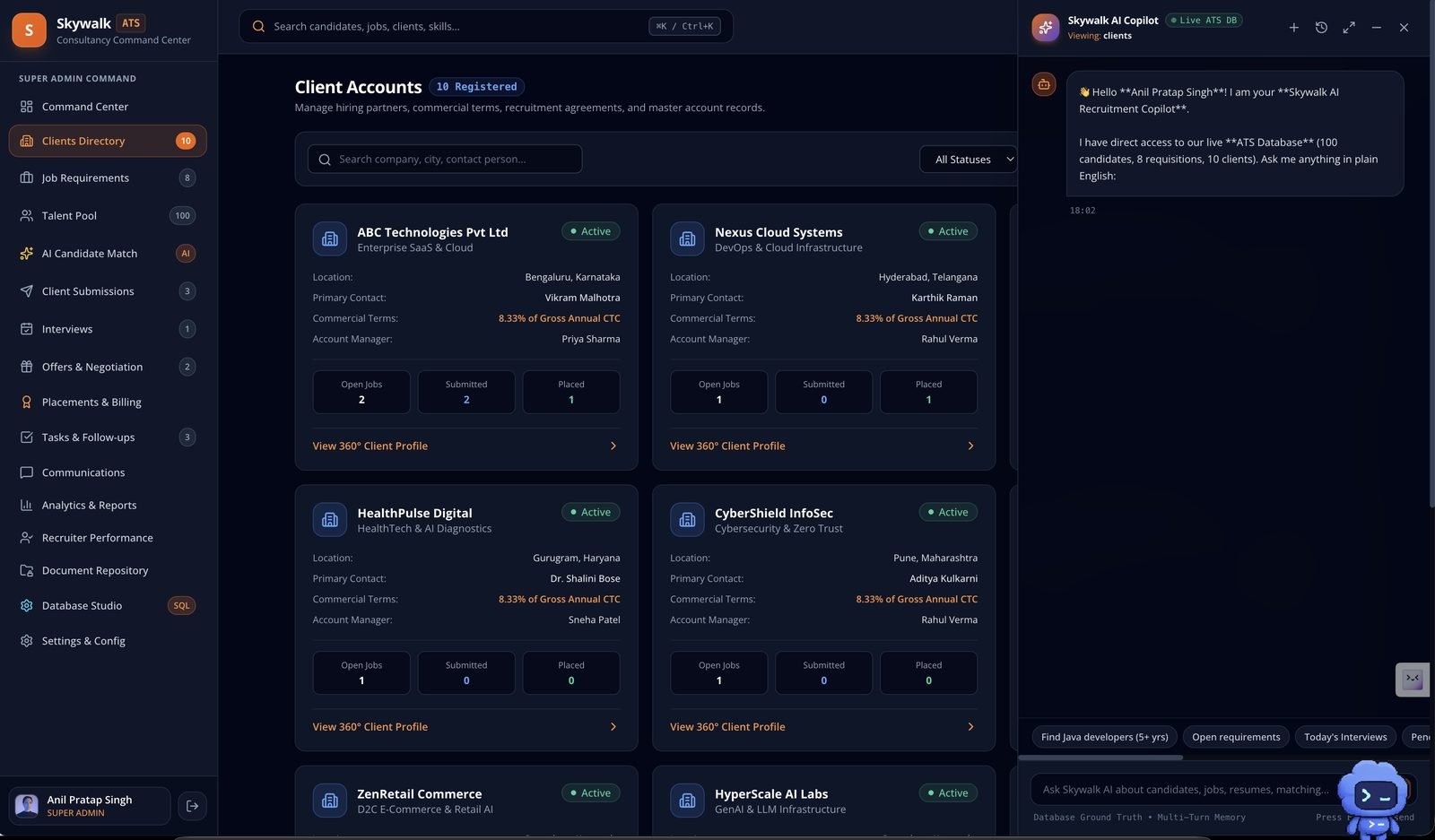 Client accounts directory with open jobs, submissions and placements per client