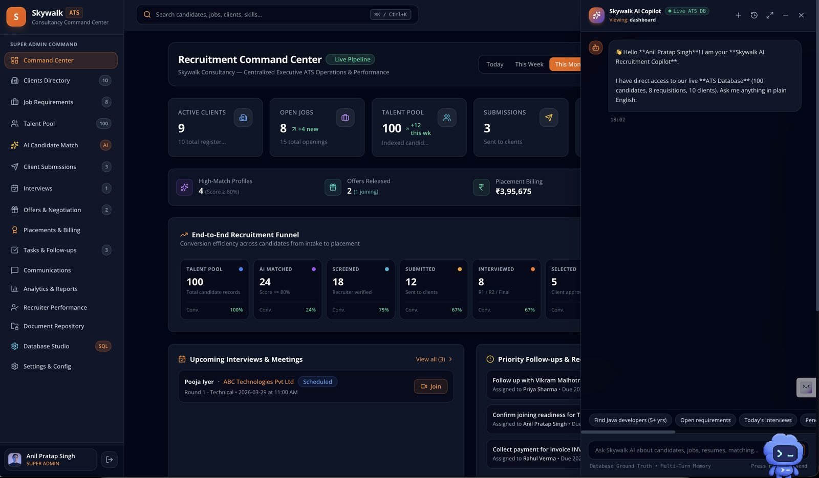 Recruitment Command Center with pipeline counts, a funnel and the Skywalk AI Copilot chat open