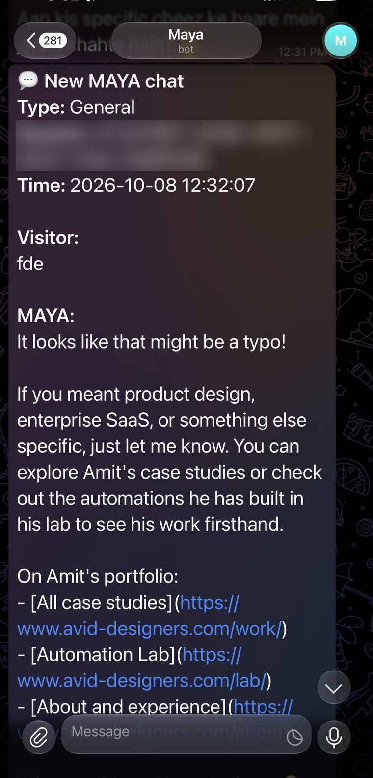 New MAYA chat notification in Telegram