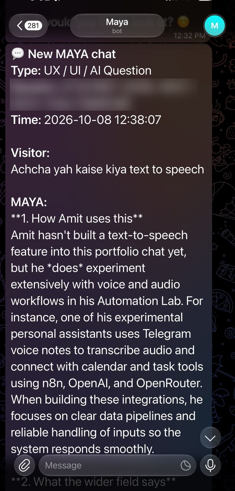 MAYA answering a text-to-speech question in Telegram